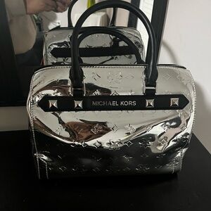Michael Kors Metallic Silver Satchel with Black Accents